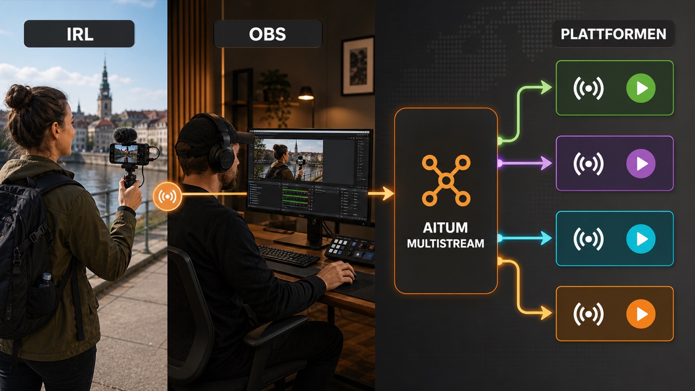 Aitum Multistream verteilt einen mobilen IRL-Stream aus OBS gleichzeitig an vier Streaming-Plattformen