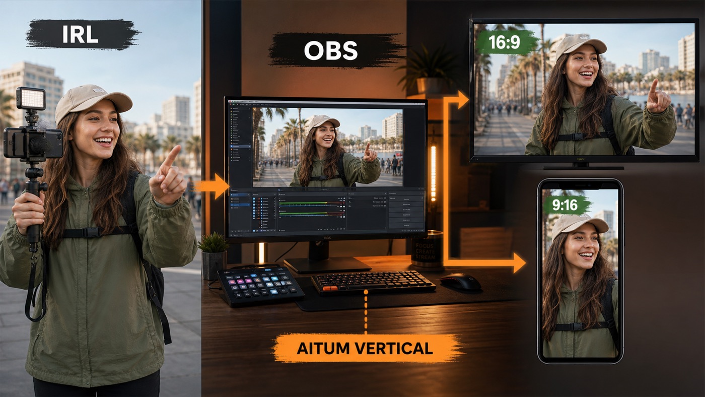 Aitum Vertical verarbeitet einen mobilen IRL-Stream in OBS parallel als horizontale 16:9- und vertikale 9:16-Ausgabe