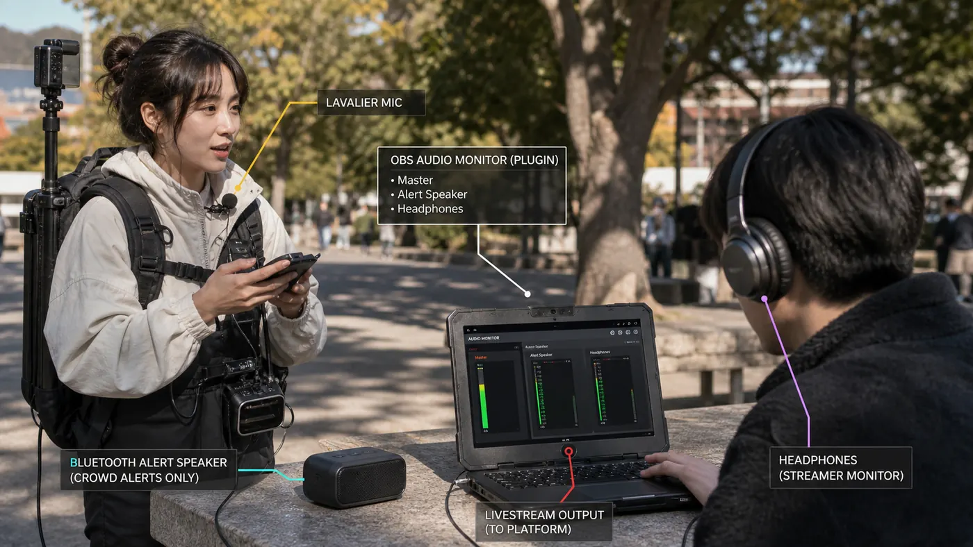 IRL-Streamerin mit Mikrofon, Bluetooth-Box und Kopfhörer während OBS getrennte Audiowege überwacht