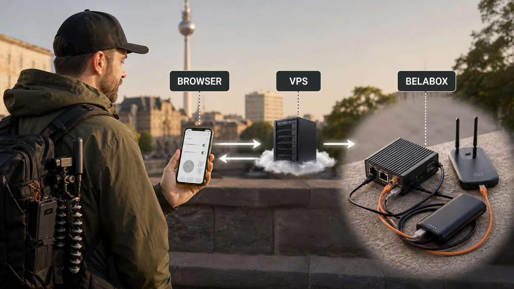 IRL-Streamer greift auf dem Smartphone im Browser über einen eigenen VPS auf seine BELABOX und Streaming-Technik zu
