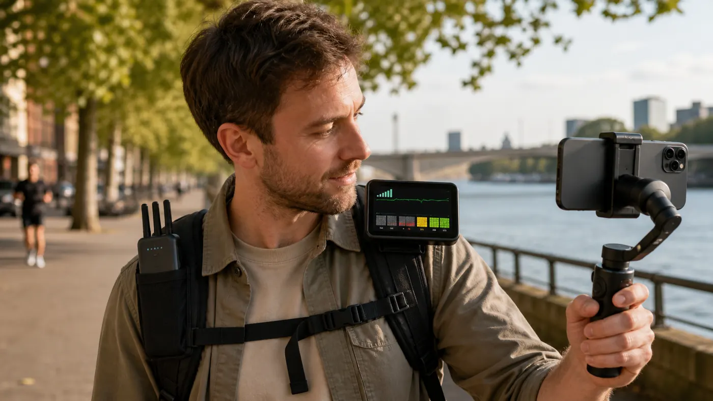 IRL-Streamer kontrolliert Bildqualität und Verbindungsstabilität unterwegs