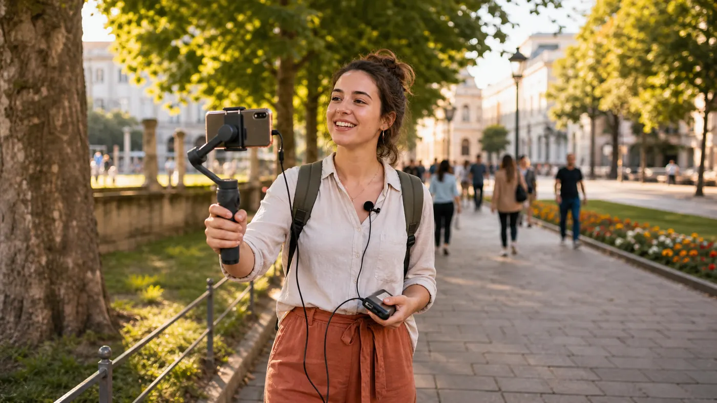 Einsteigerin startet unterwegs ihren ersten IRL-Stream mit Smartphone, Gimbal, Mikrofon und Powerbank