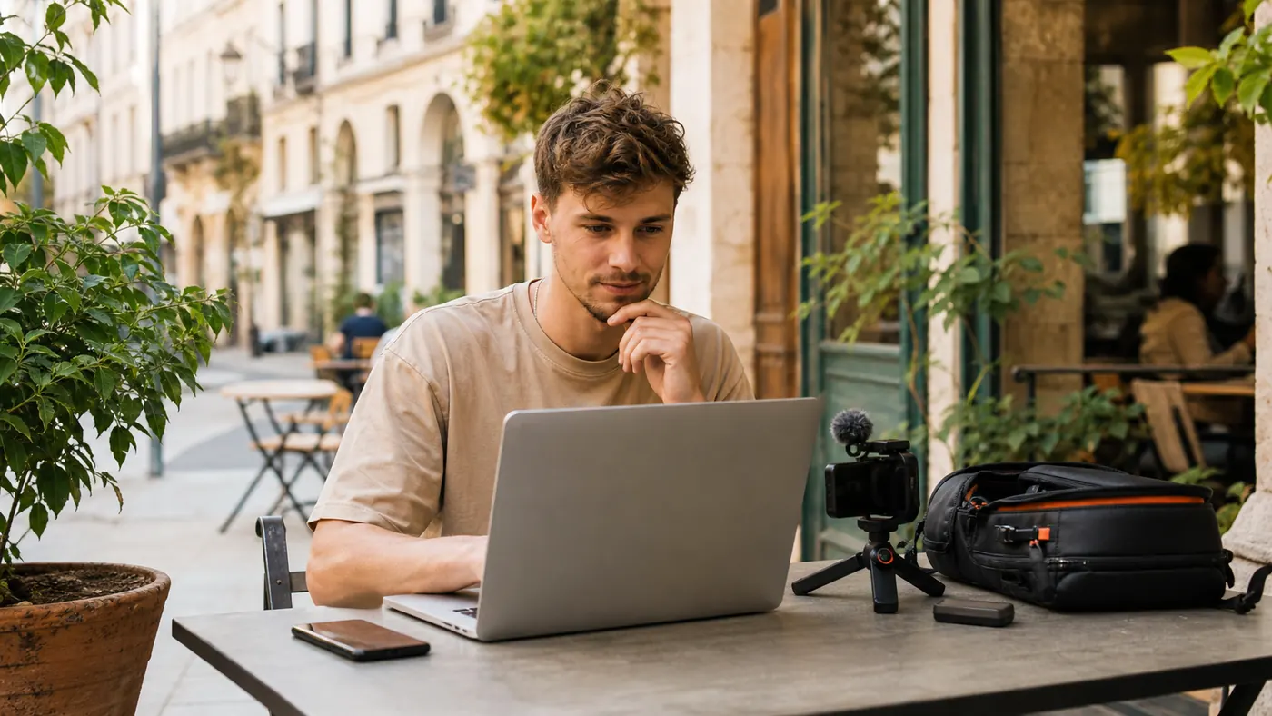 IRL-Creator sitzt mit Laptop, Smartphone, Kamera und Streaming-Rucksack an einem Café-Tisch