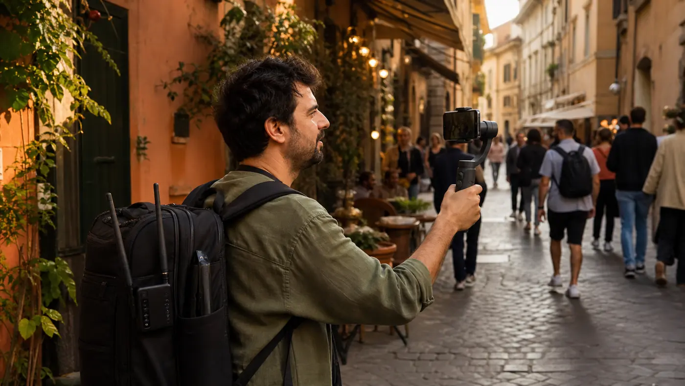 IRL-Streamer filmt unterwegs mit Android-Smartphone, Mikrofon und mobiler Stromversorgung
