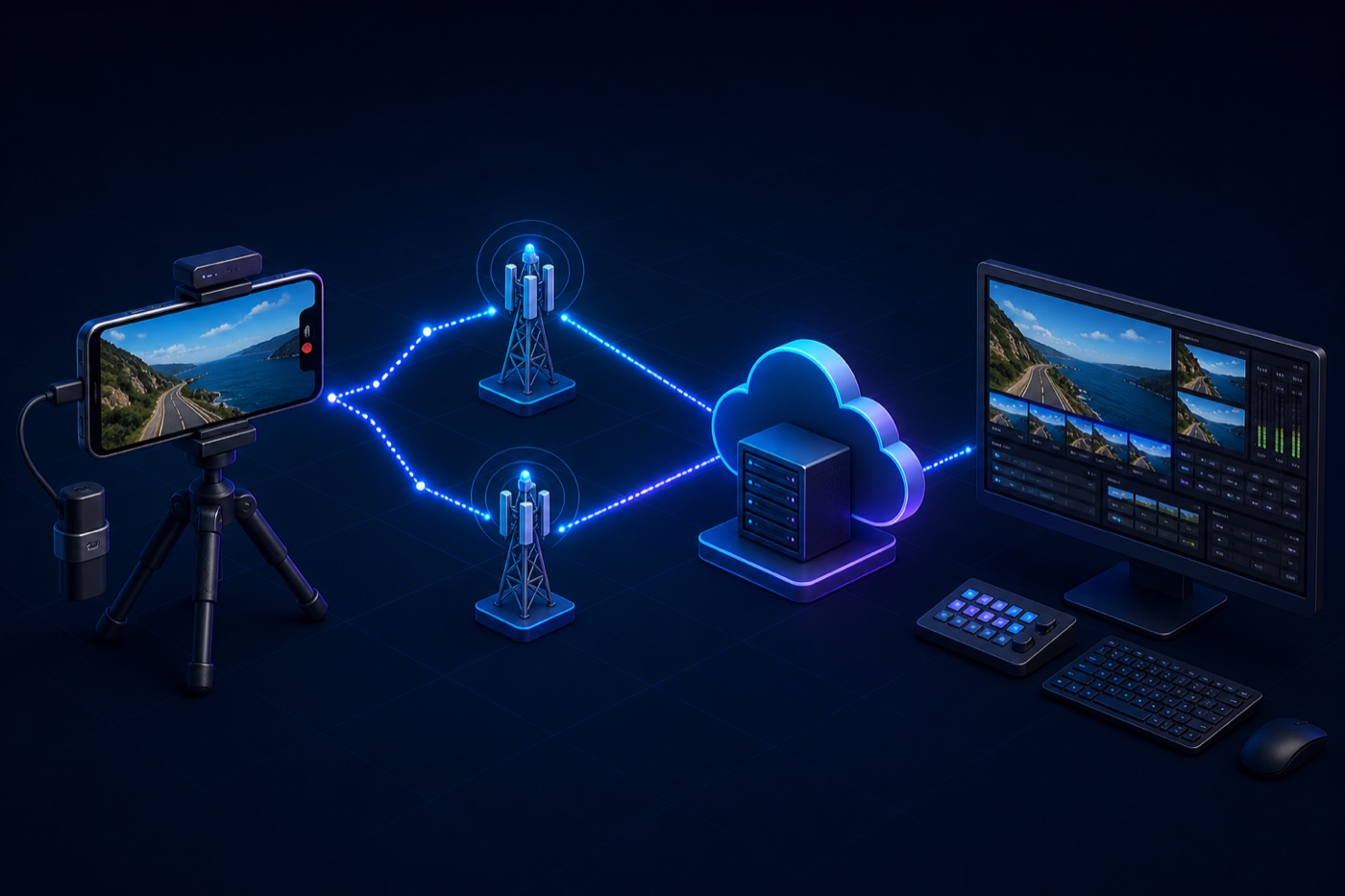 Mobiles IRL-Streaming-Setup mit Smartphone, Mobilfunkverbindungen, Relay Server und Produktionsrechner