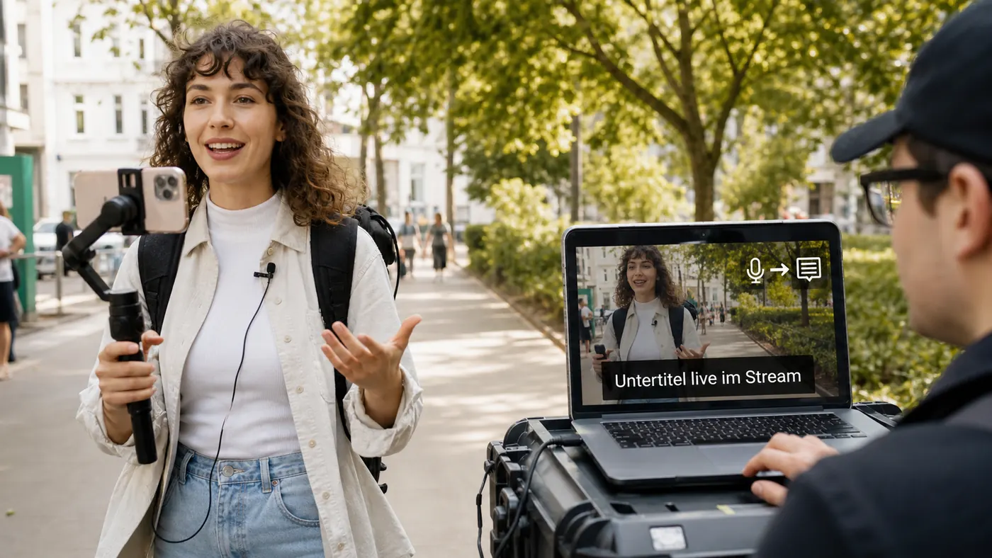 IRL-Streamerin spricht unterwegs während auf dem OBS-Laptop automatisch Live-Untertitel erscheinen