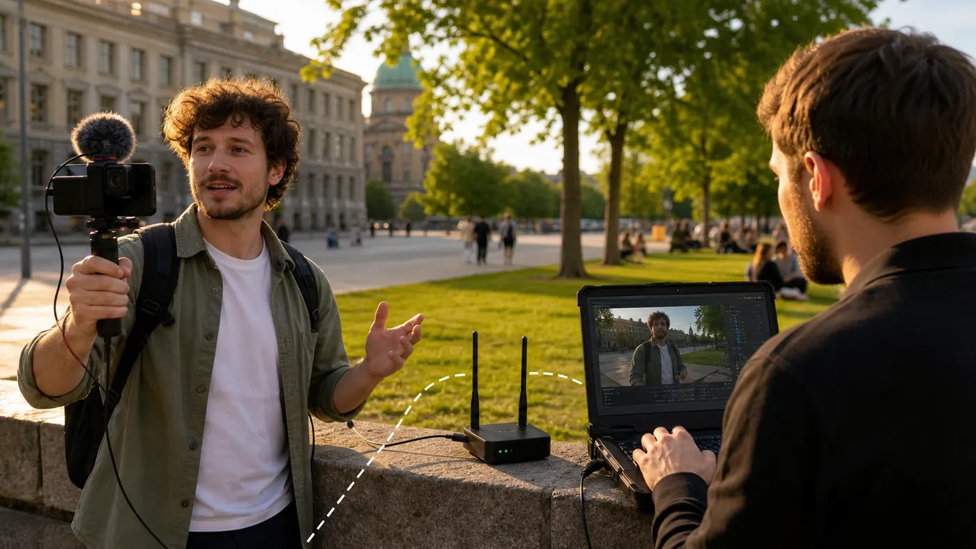 Mobiler IRL-Streamer überträgt das Kamerabild über einen lokalen Netzwerkrouter an einen Laptop mit OBS