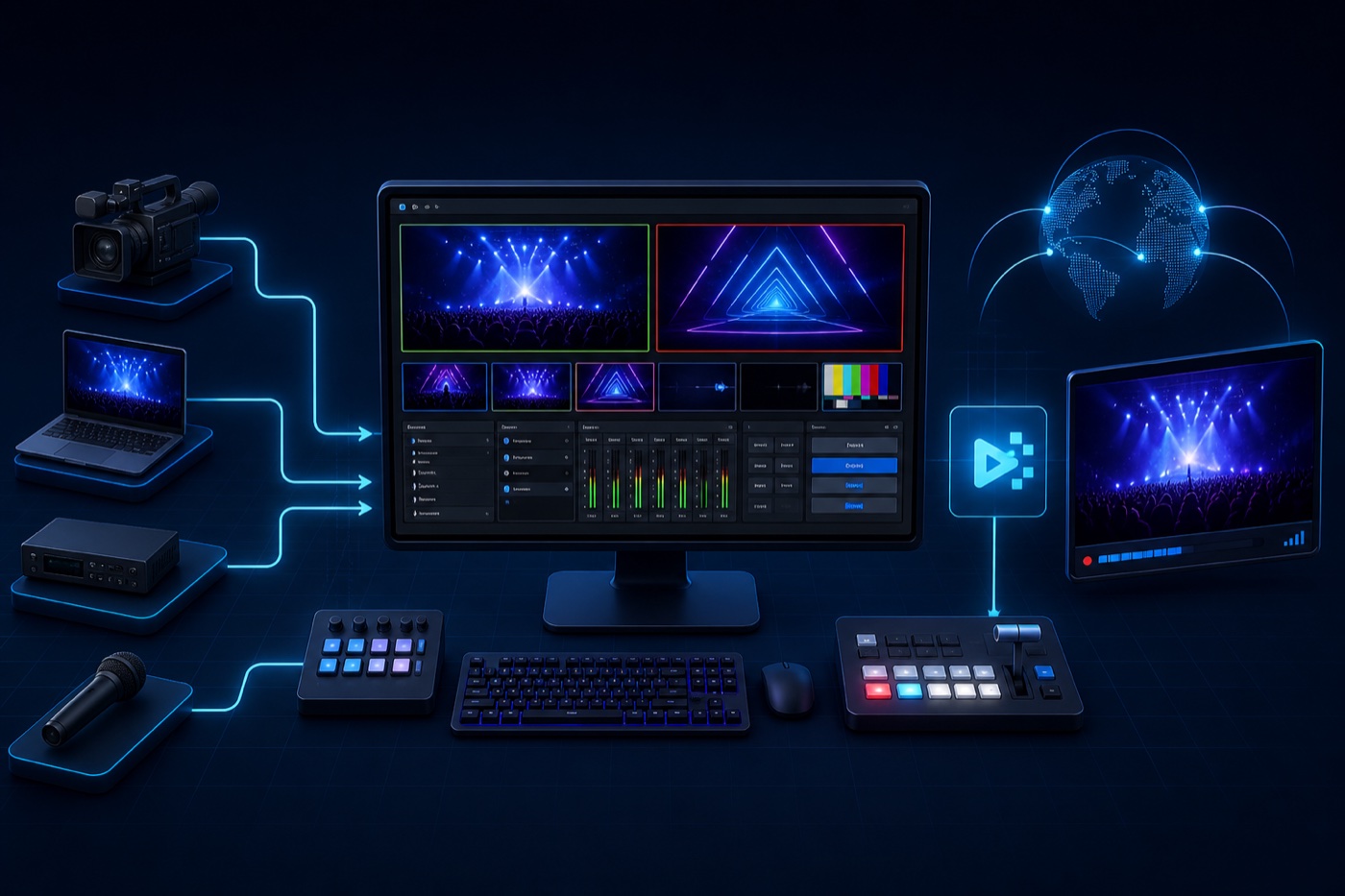 Live-Produktionsrechner mit Multiview, Szenensteuerung, Audiomischung und ausgehendem Stream