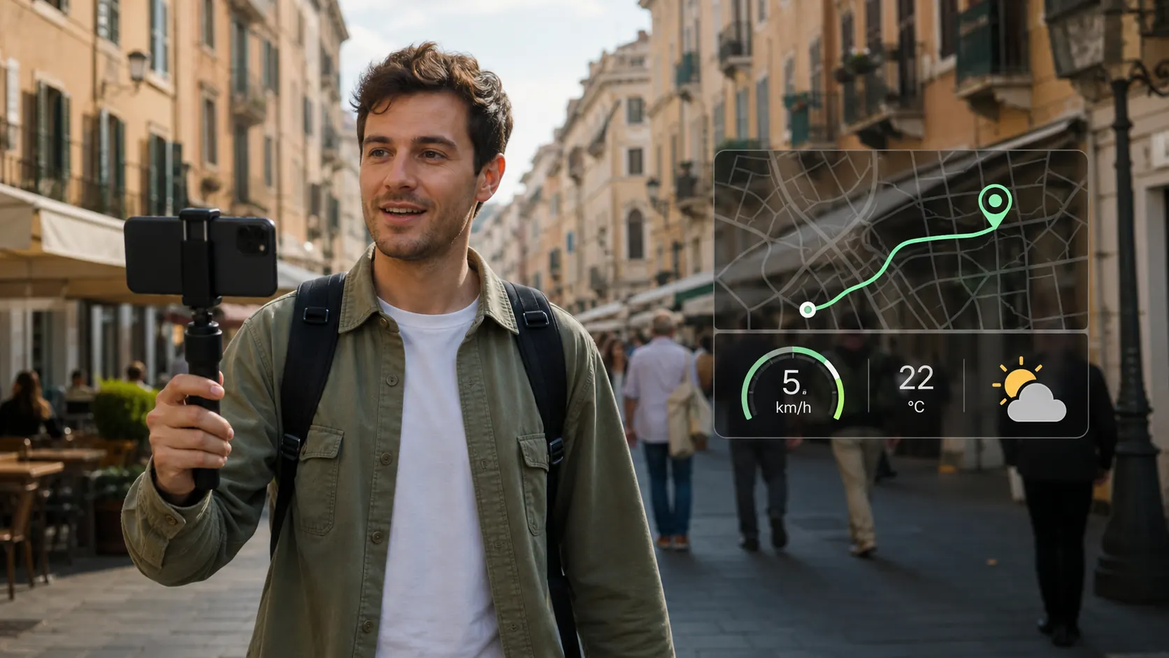 IRL-Streamer unterwegs mit Smartphone und eingeblendeter GPS-Karte für einen mobilen Livestream