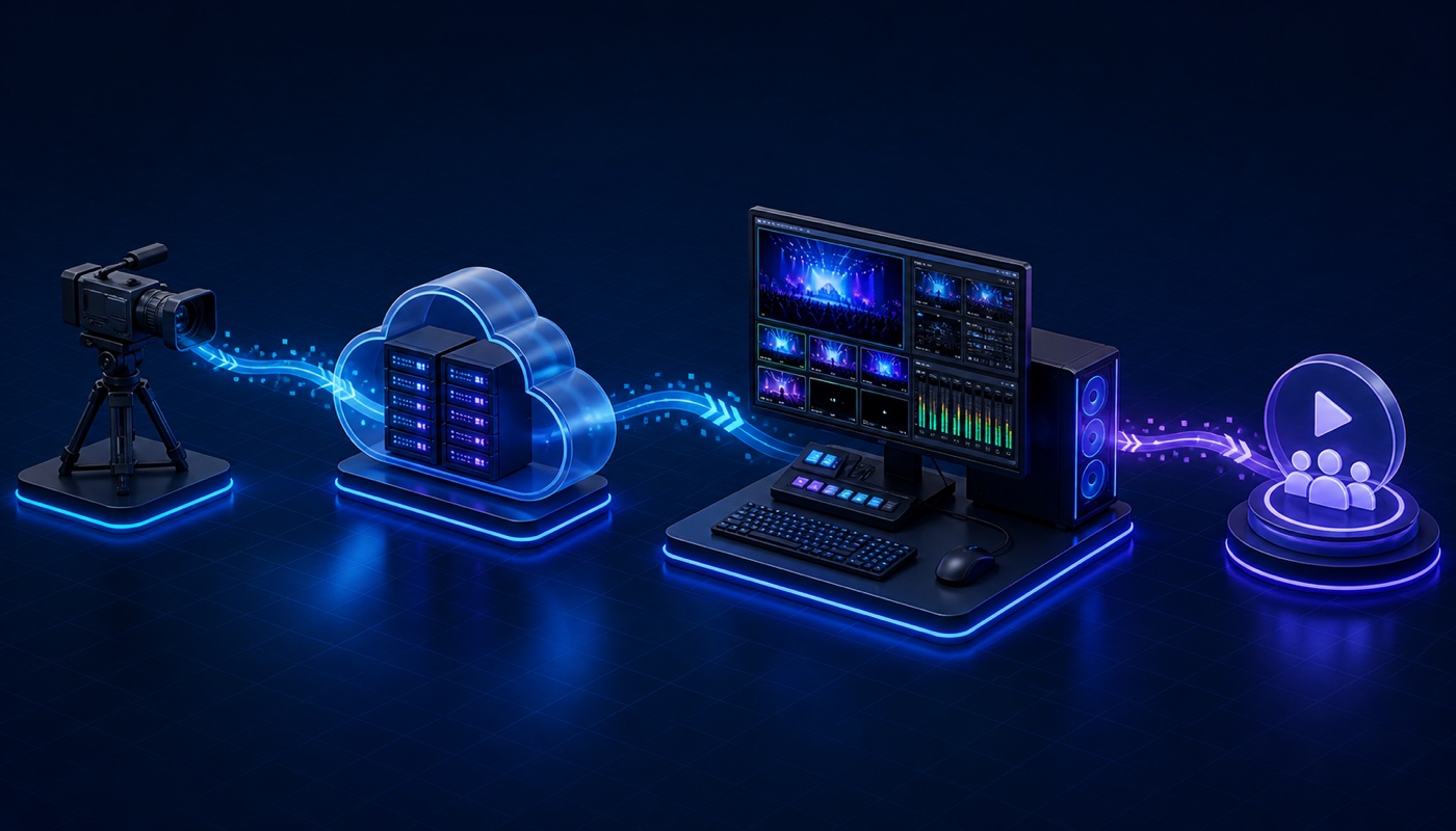 Live-Signal von der Kamera über einen Relay Server zum Produktionsrechner und zur Streaming-Plattform