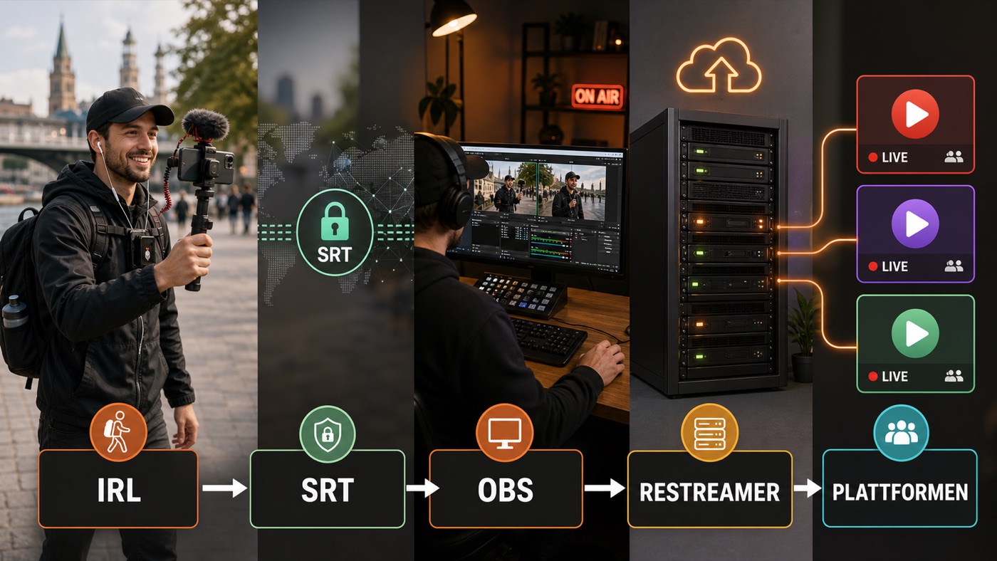 Signalweg vom mobilen IRL-Streamer über SRT zu OBS, anschließend zum Restreamer und zu mehreren Streaming-Plattformen
