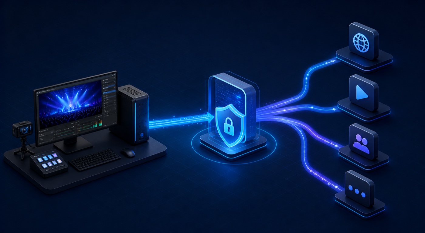 Sicherer RTMPS-Signalweg vom Encoder über ein geschütztes Gateway zu Streaming-Plattformen