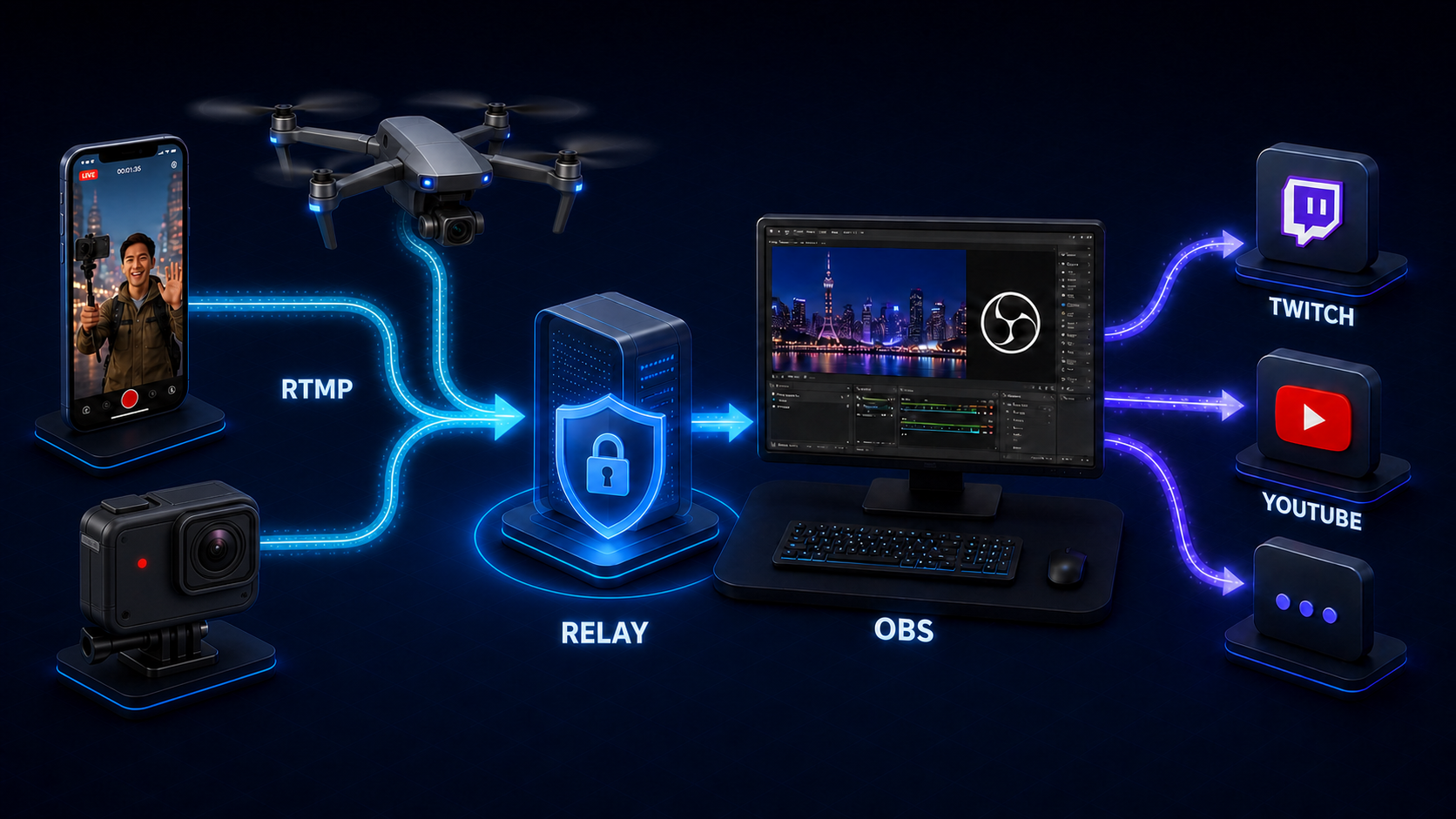 Smartphone, Kameradrohne und Action-Cam streamen per RTMP zum Relay-Server, OBS holt das Signal ab und verteilt es an Twitch, YouTube und weitere Plattformen
