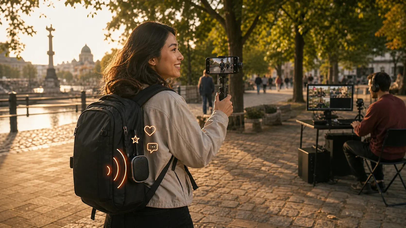 IRL-Streamerin unterwegs mit Smartphone, Mikrofon und Bluetooth-Box für Alerts und TTS