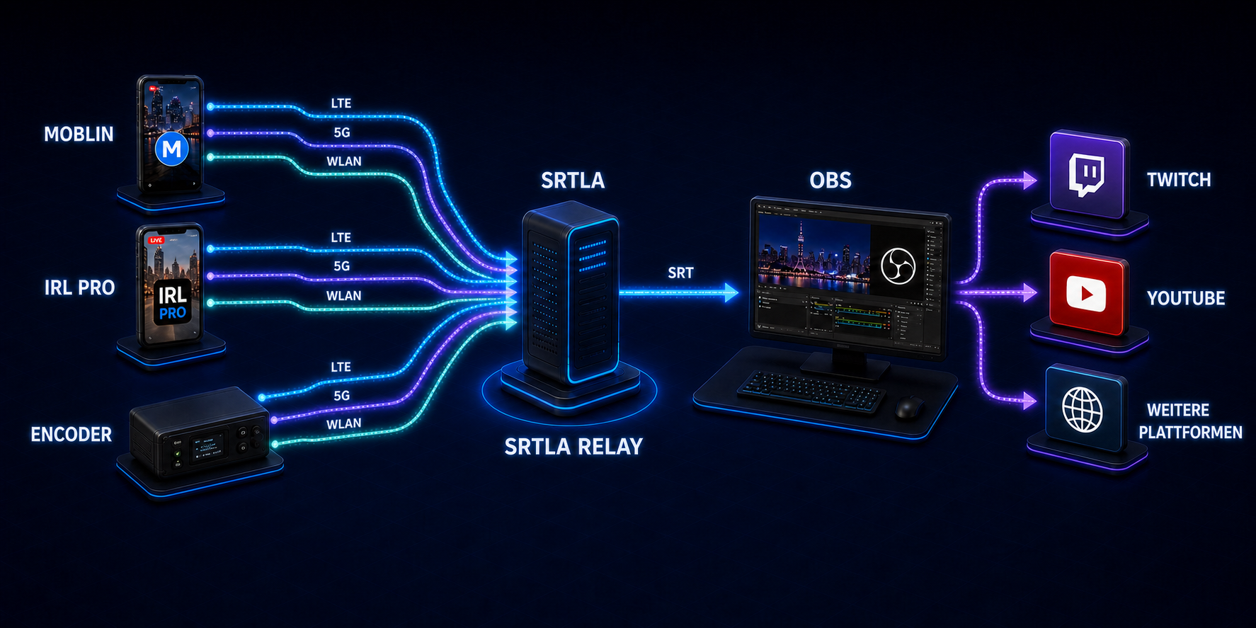Moblin, IRL Pro und ein Hardware-Encoder bündeln LTE, 5G und WLAN über einen SRTLA-Relay; OBS verteilt den Stream anschließend an Twitch, YouTube und weitere Plattformen