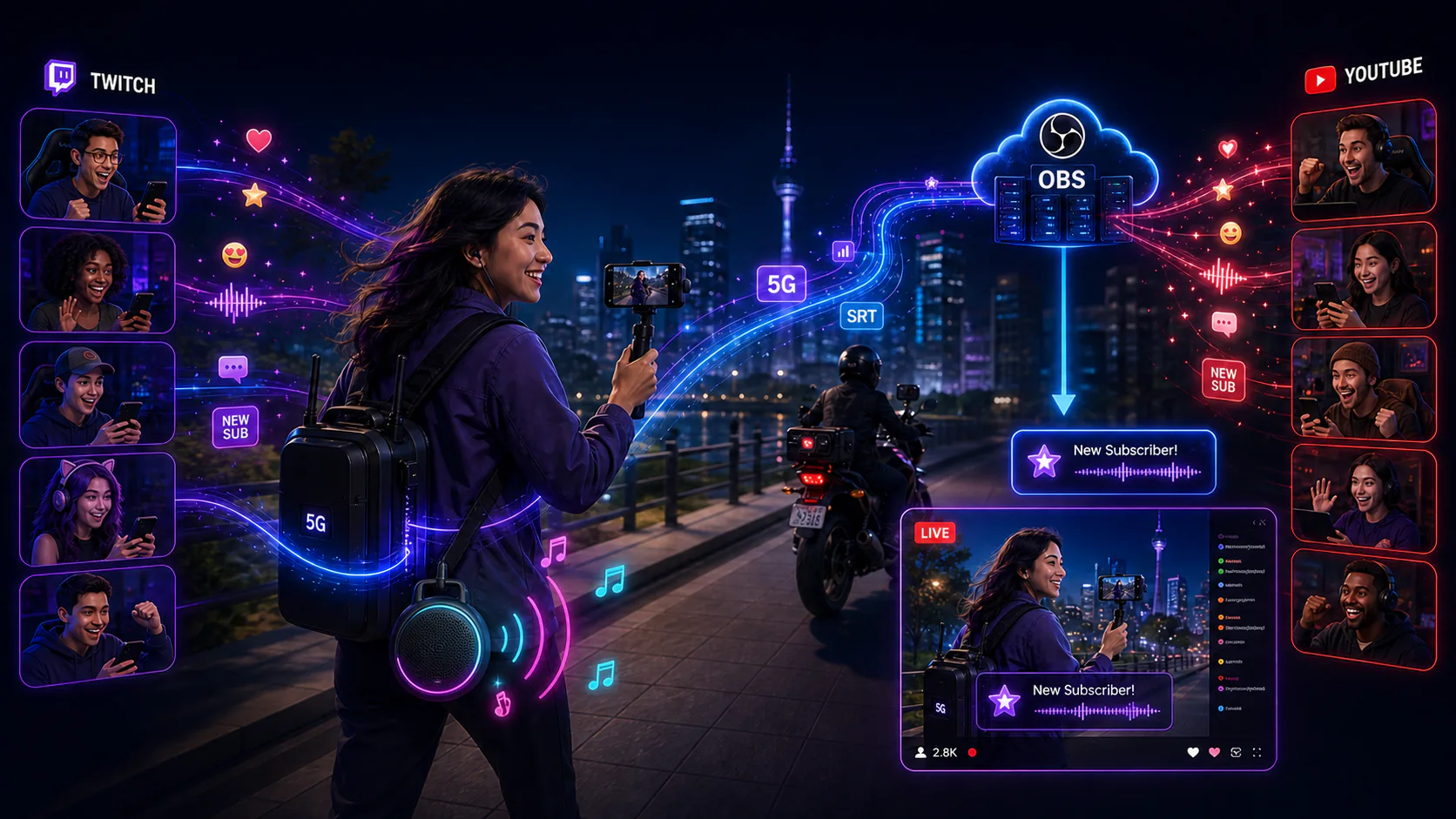 Eine IRL-Streamerin sendet unterwegs per Mobilfunk an OBS; eine tragbare Box am Rucksack spielt die von Twitch- und YouTube-Zuschauern ausgelösten Alerts hörbar ab