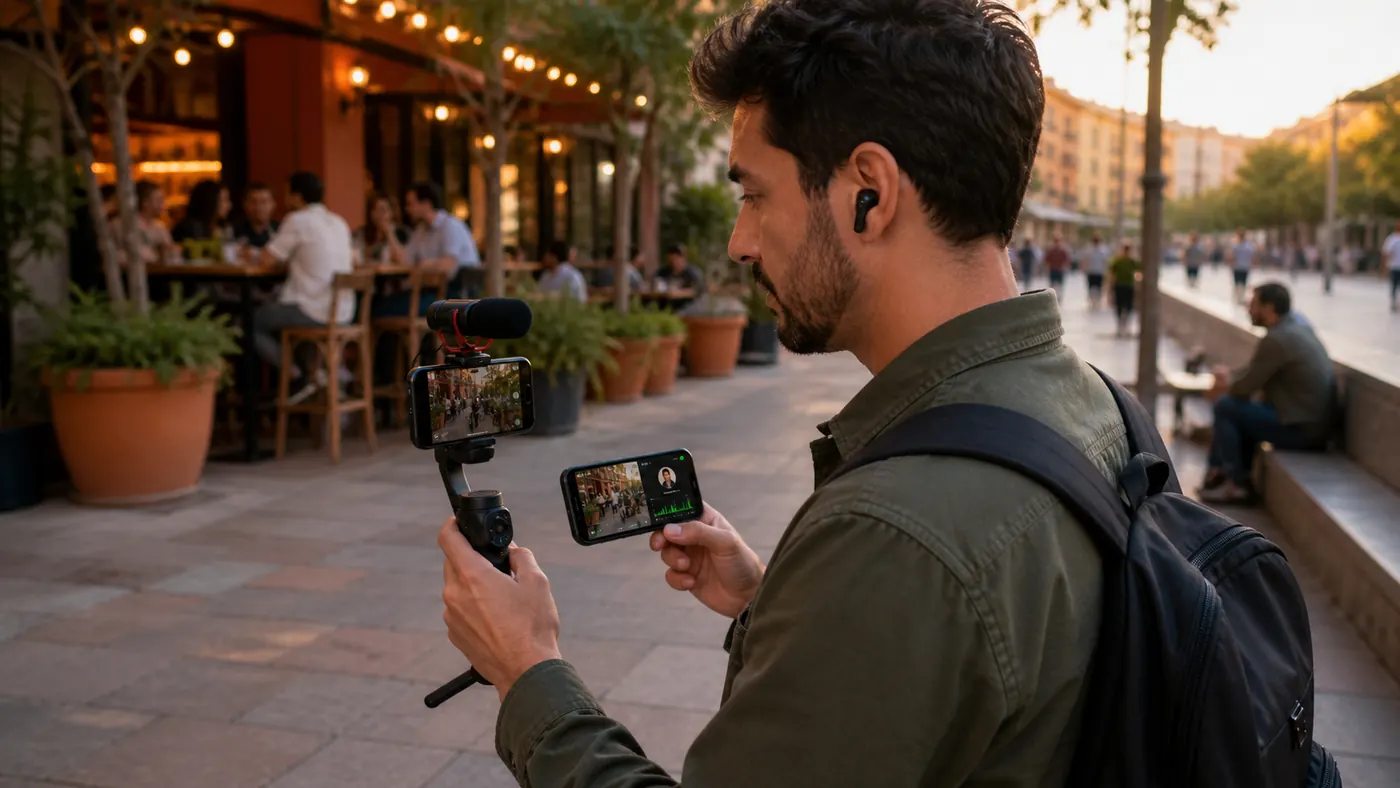 IRL-Streamer kontrolliert den Livestream unterwegs auf einem zweiten Smartphone