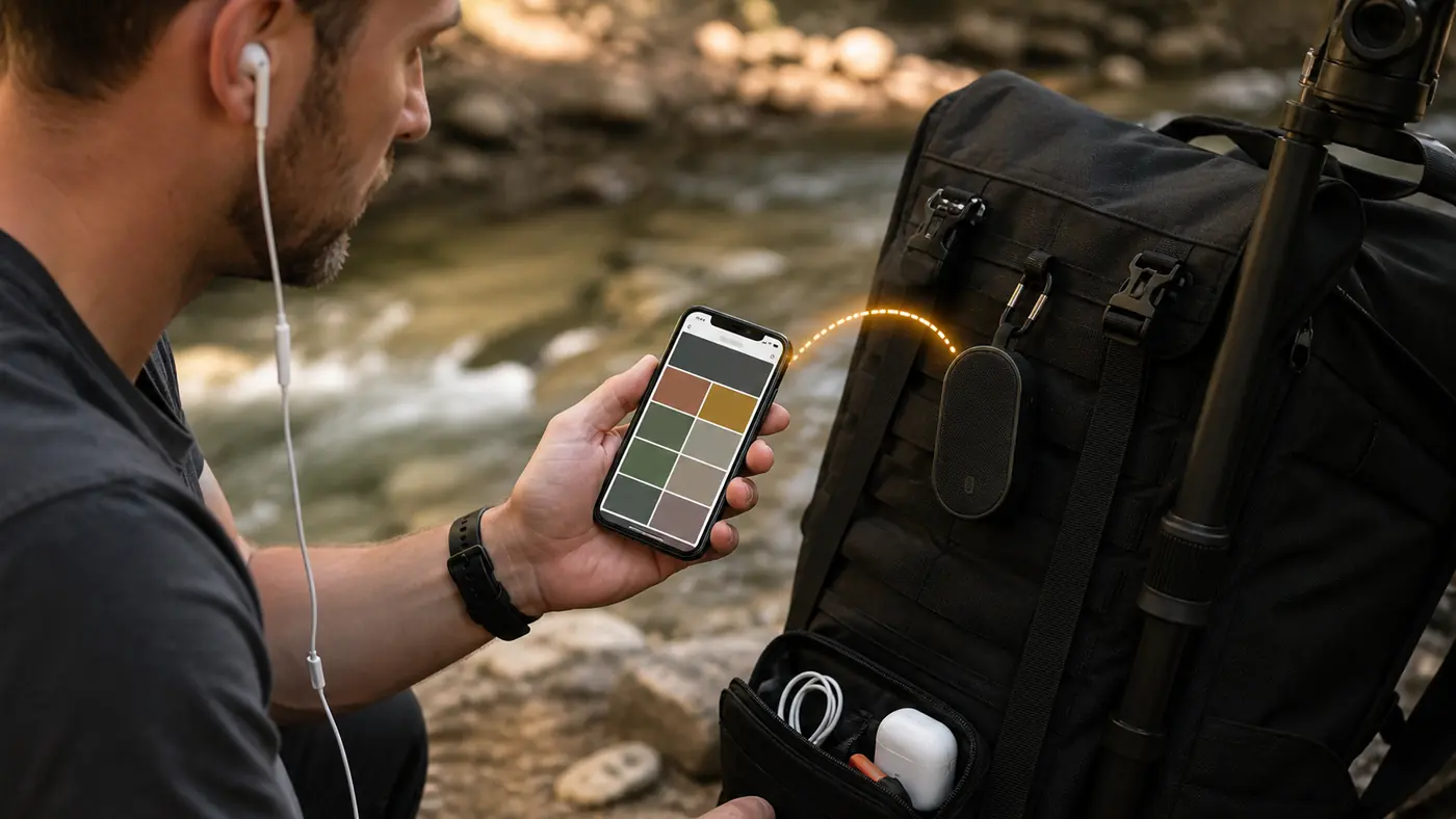 Smartphone mit mobiler Browserquelle überträgt Alert-Töne an einen Bluetooth-Lautsprecher am Streaming-Rucksack