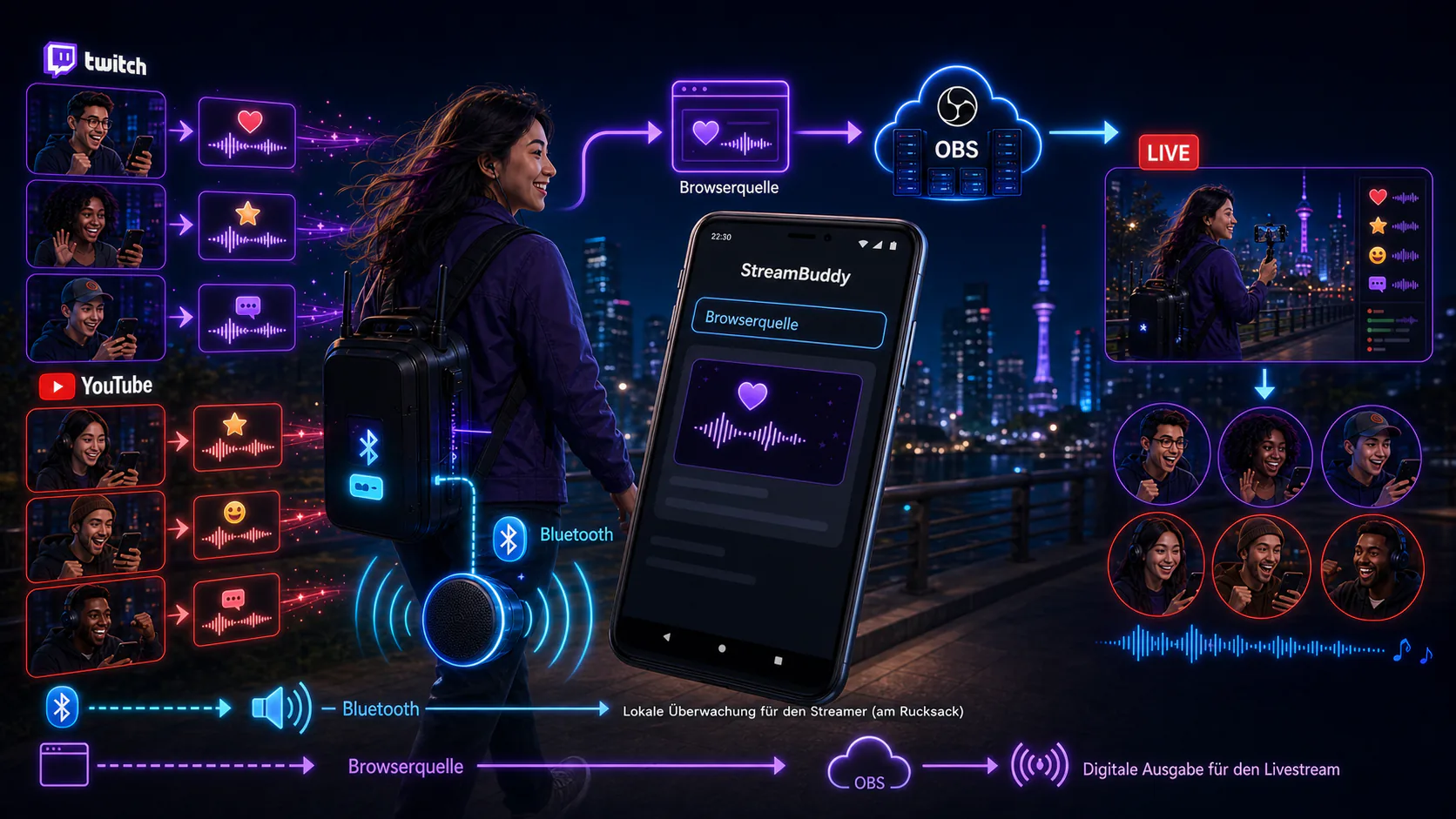 StreamBuddy öffnet die Alert-Browserquelle auf einem Android-Smartphone und gibt den Ton über Bluetooth an eine mobile Box aus; parallel überträgt OBS denselben Alert sauber an die Zuschauer