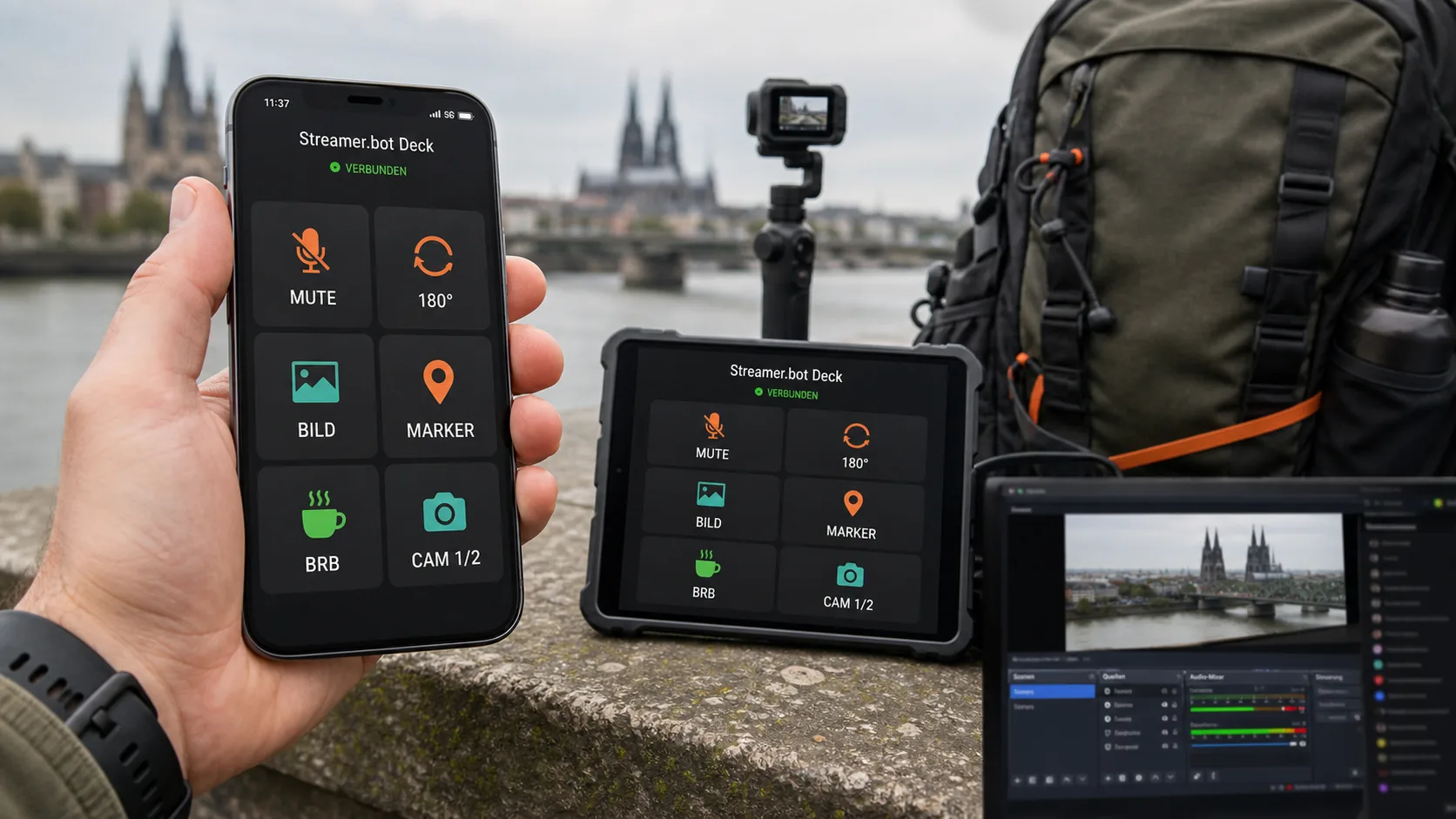 Streamer.bot Deck auf Smartphone und Tablet mit großen Tasten für Mute, 180-Grad-Drehung, Bild, Marker, BRB und Kamerawechsel im mobilen IRL-Einsatz
