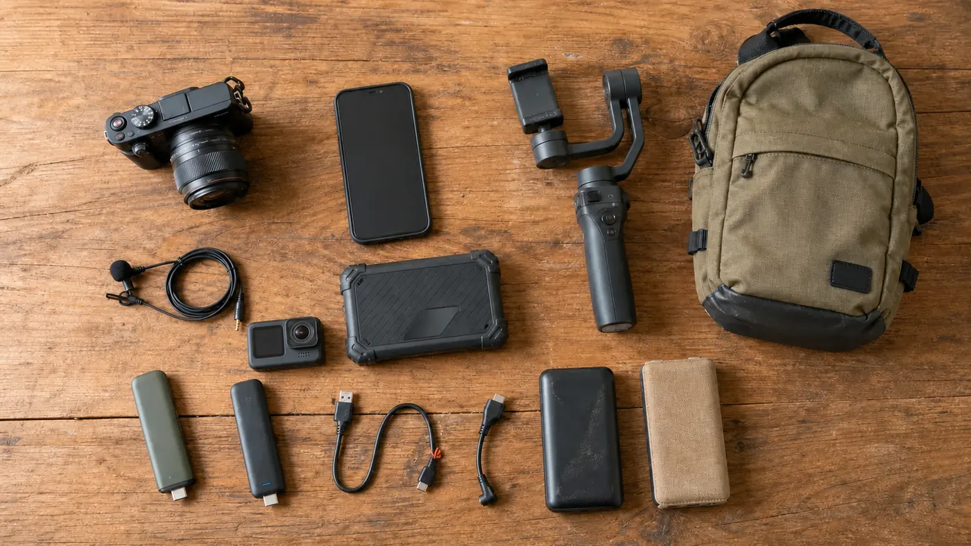 Mobile IRL-Streaming-Technik mit Smartphone, Action-Kamera, Mikrofon, Router, Akkus und Rucksack