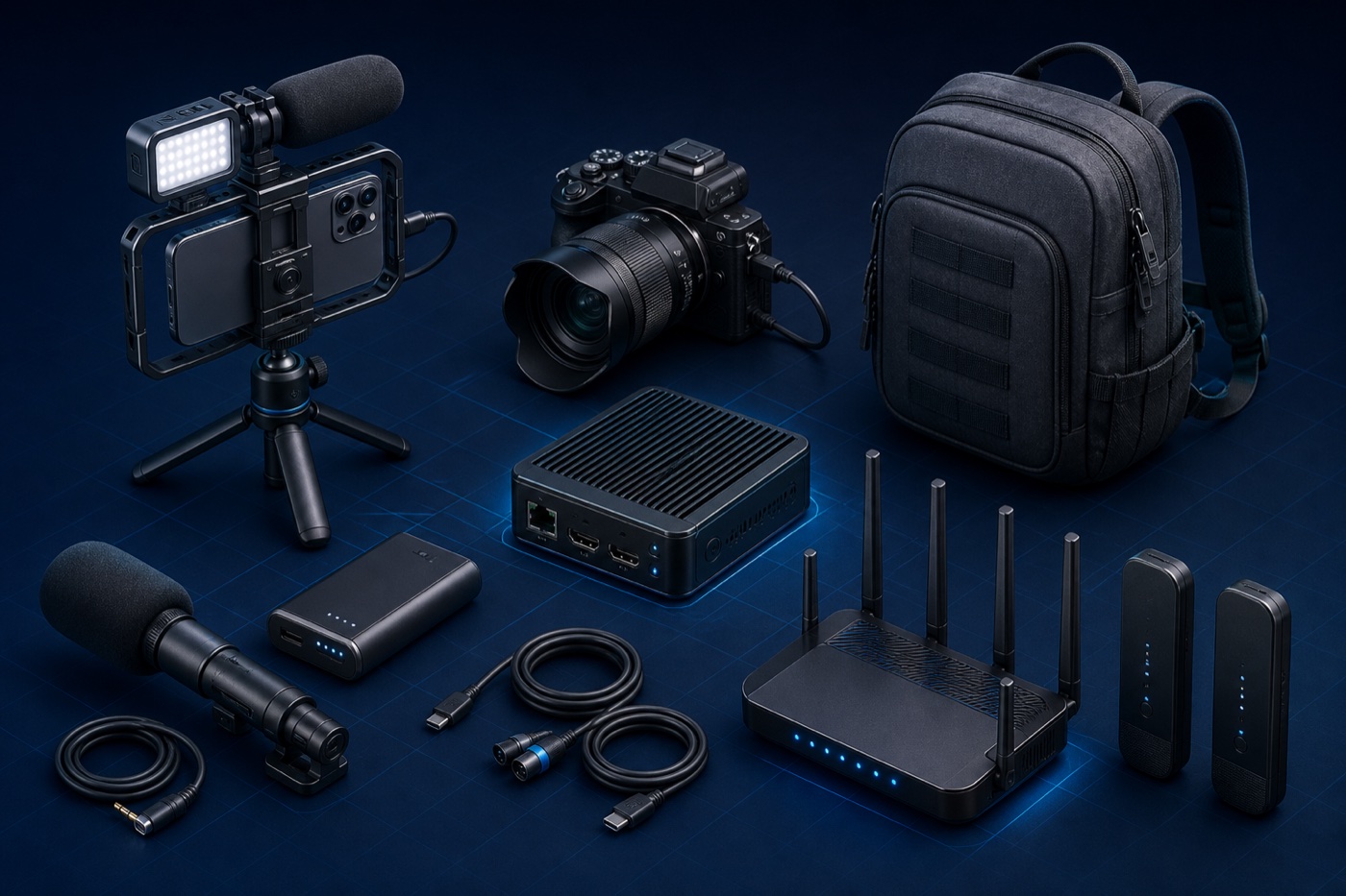 Übersicht eines IRL-Streaming-Sets mit Kameras, Smartphone, Encoder, Router, Modems, Akkus und Rucksack