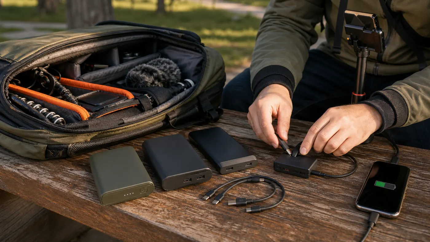 Mehrere Powerbanks, USB-C-Kabel und ein Stromverteiler neben einem mobilen IRL-Rucksack