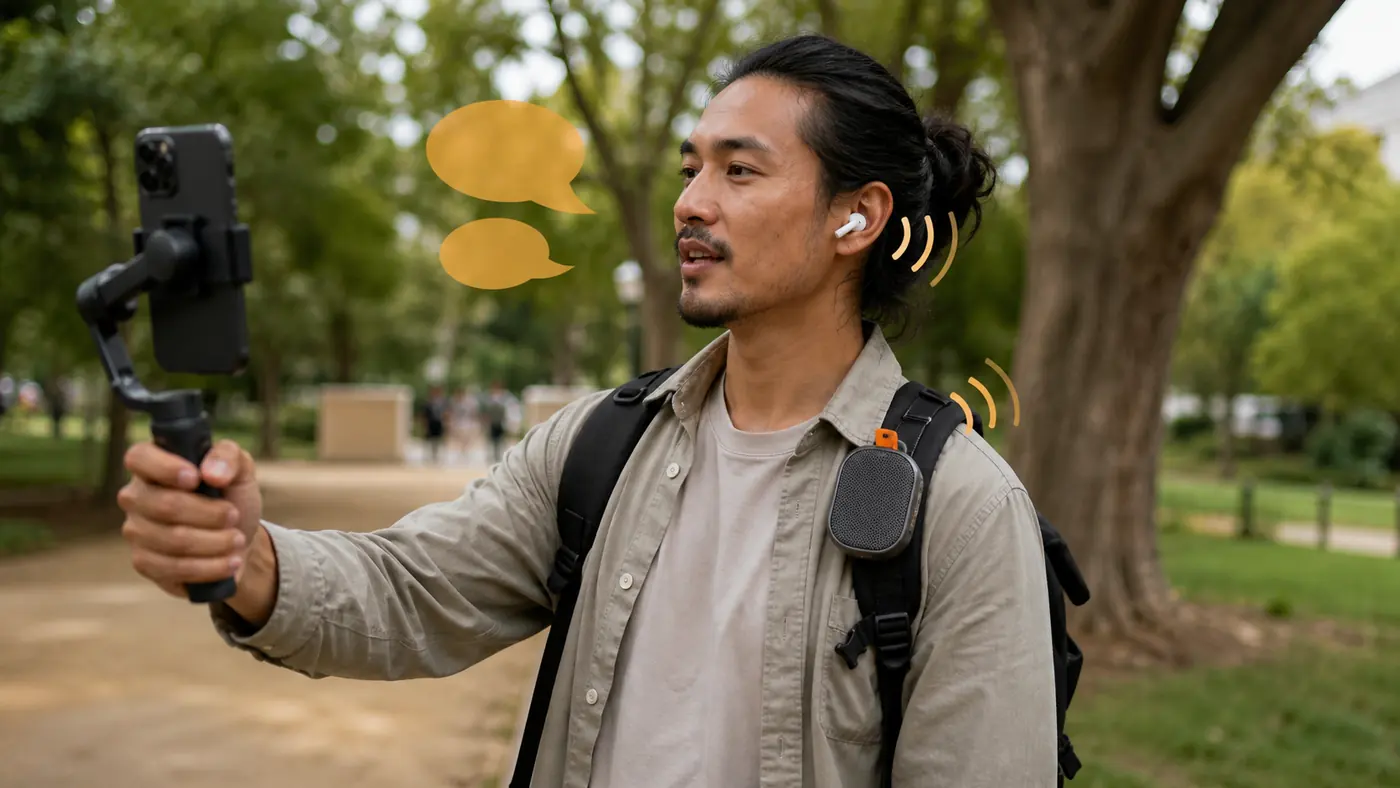 IRL-Streamer hört unterwegs vorgelesene Chatnachrichten über eine mobile Audioausgabe