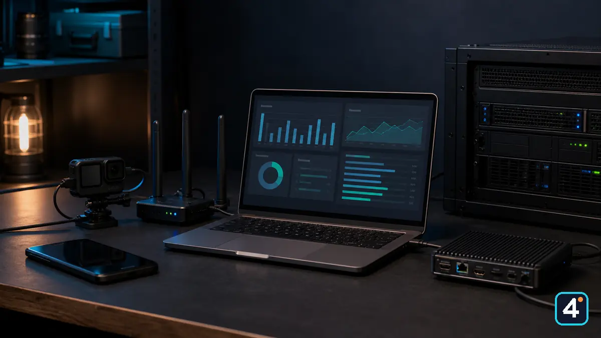IRL-Streaming-Arbeitsplatz mit Laptop, Mobilfunktechnik, Encoder und Server zur Planung einer passenden VPS-Größe