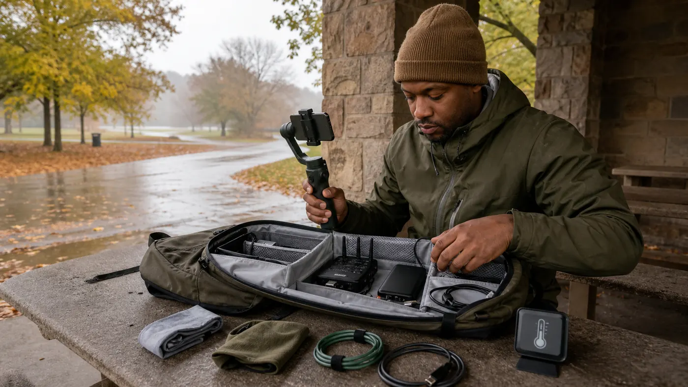 IRL-Streamer schützt mobile Technik unter einem Unterstand vor Regen und Kälte